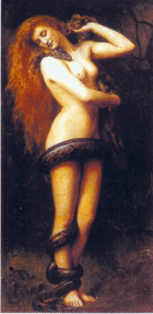 A nude woman in a forest with a snake wrapped around her.